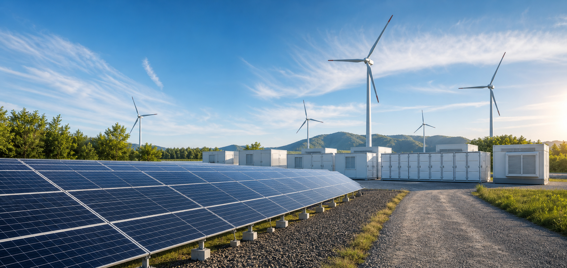Solar panels, wind turbines, and hybrid renewable energy infrastructure