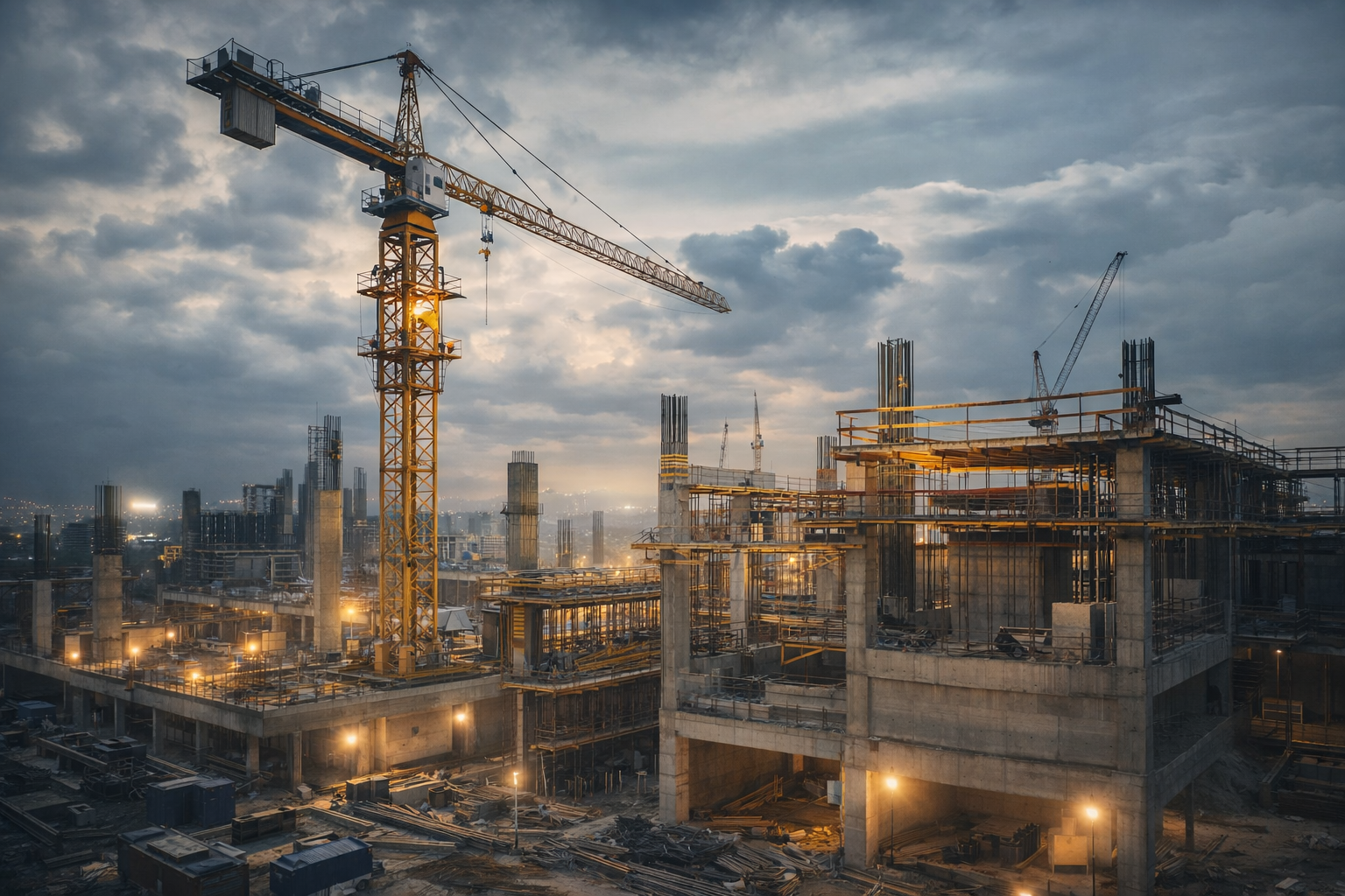Infrastructure and construction site with crane and unfinished structures