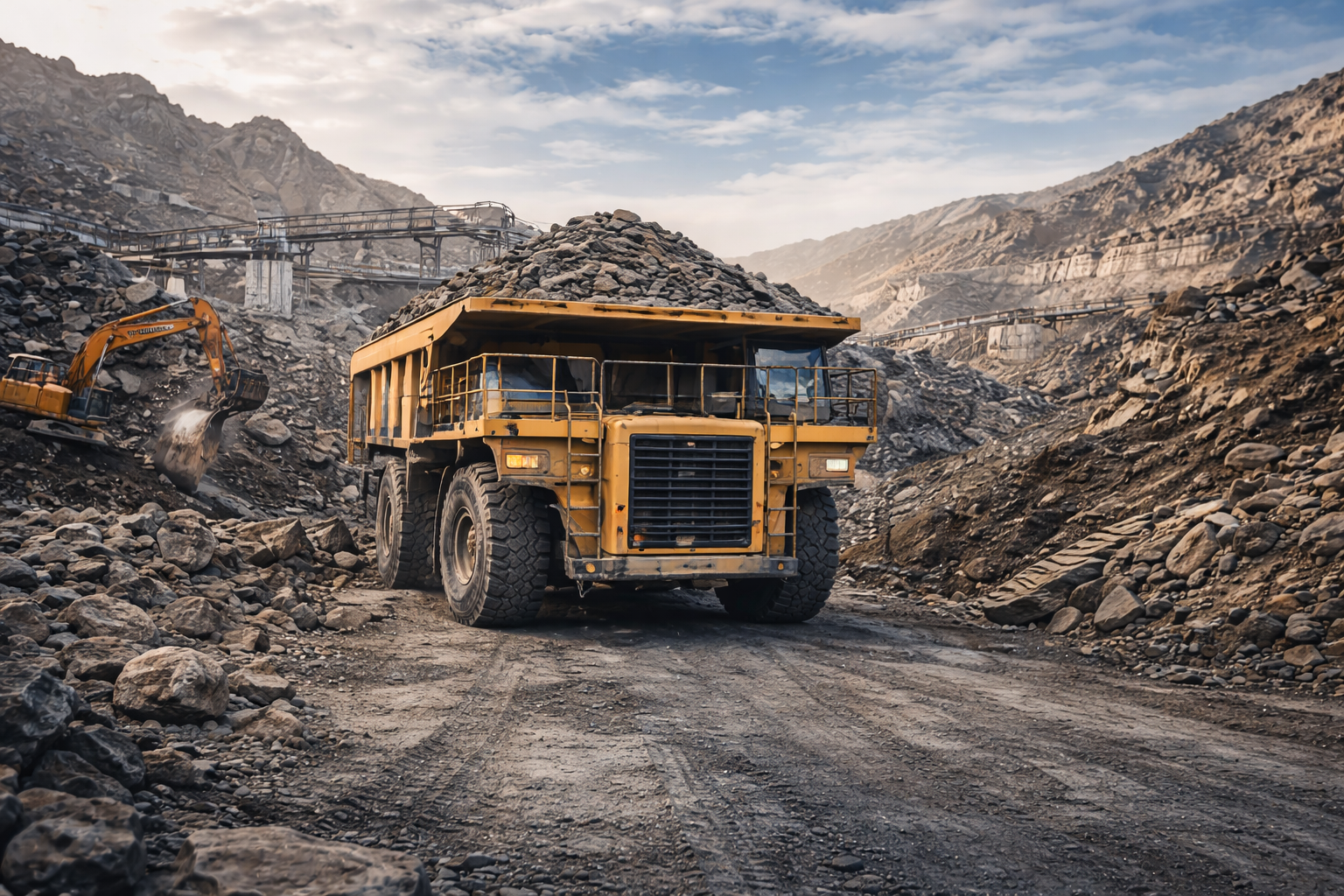 Open-pit mining site with dump truck and excavator