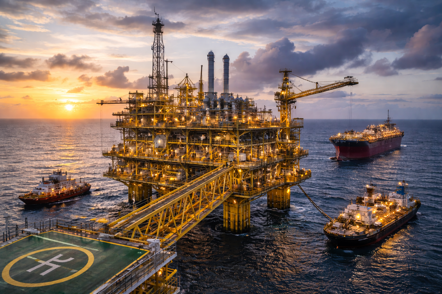 Oil rig and vessels loading crude oil