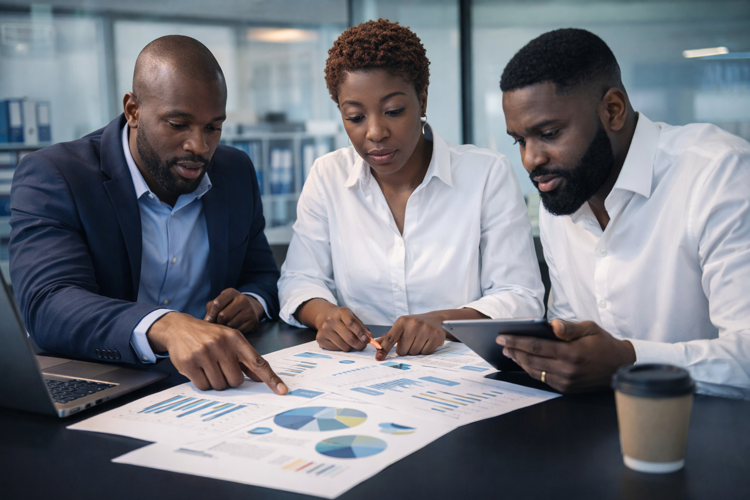 Black professionals reviewing project charts in a consulting session