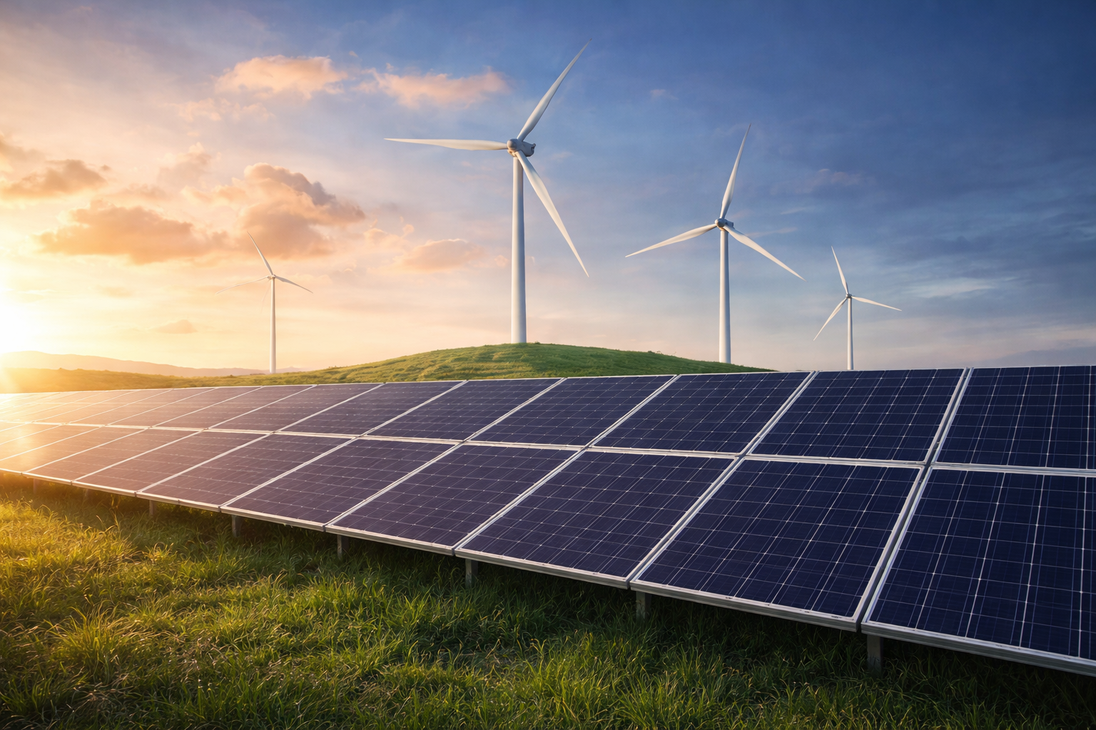 Solar panels and wind turbines in a renewable energy field